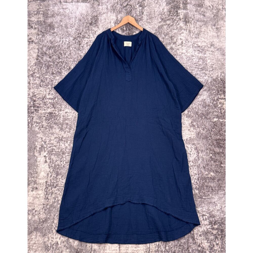 9seed Tunisia Short Sleeve Caftan Dress OS One Size Womens Blue Coverup Gauze